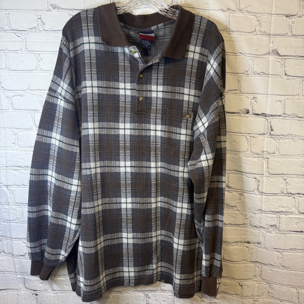 Boulevard 3X Plaid Long Sleeve Polo Shirt Brown Gray Cotton Blend